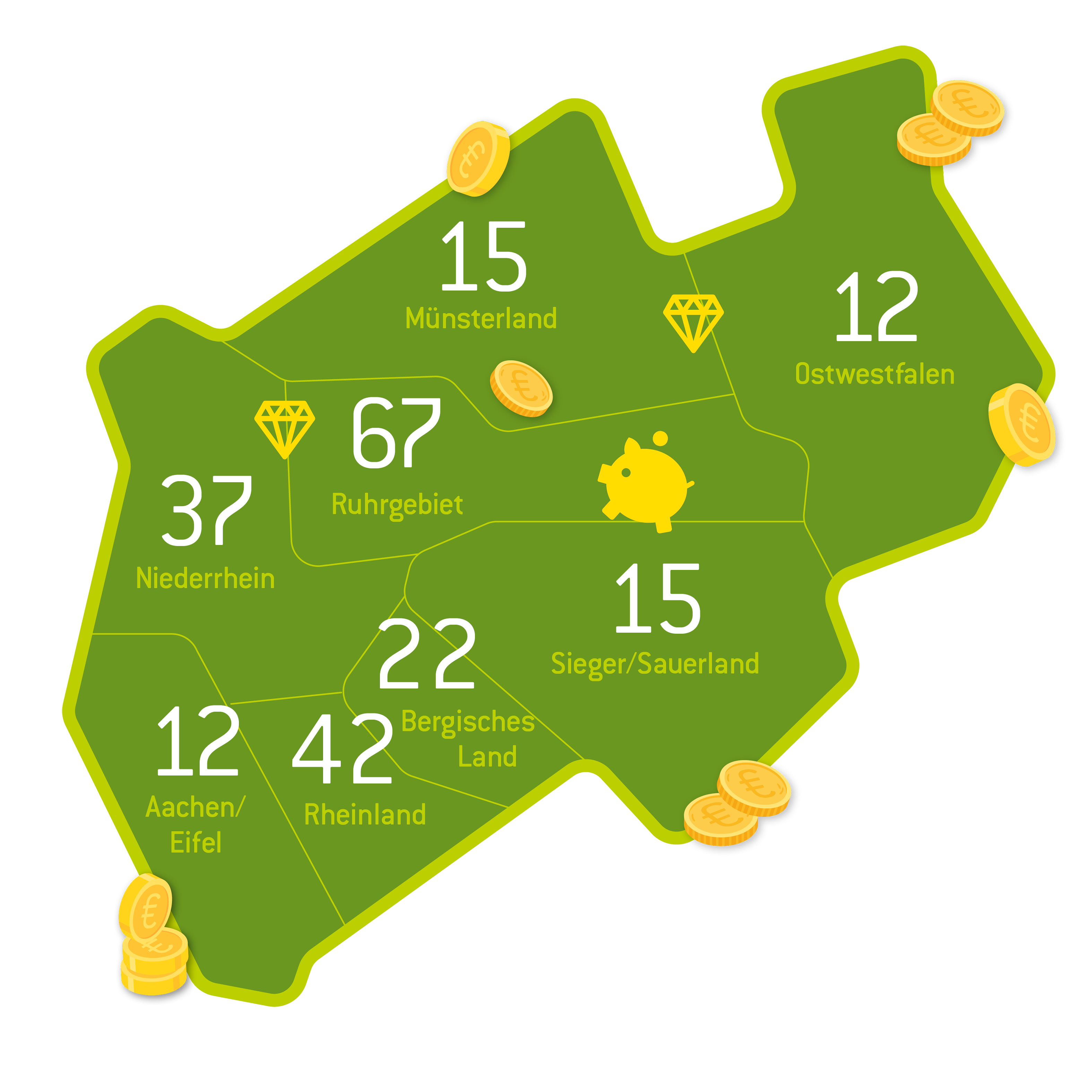 Eine grüne Map, auf der die Hochgewinner-Anzahl der verschiedenen Regionen in NRW abgebildet ist