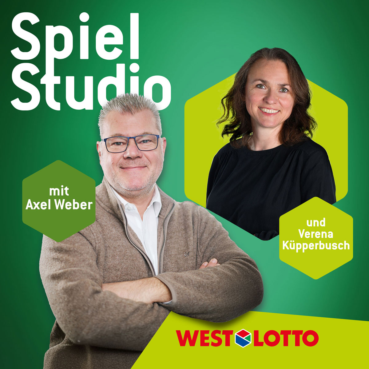 Cover des Podcasts SpielStudio mit Gastgeber Axel Weber und seinem Überraschungsgast Verena Küpperbusch
