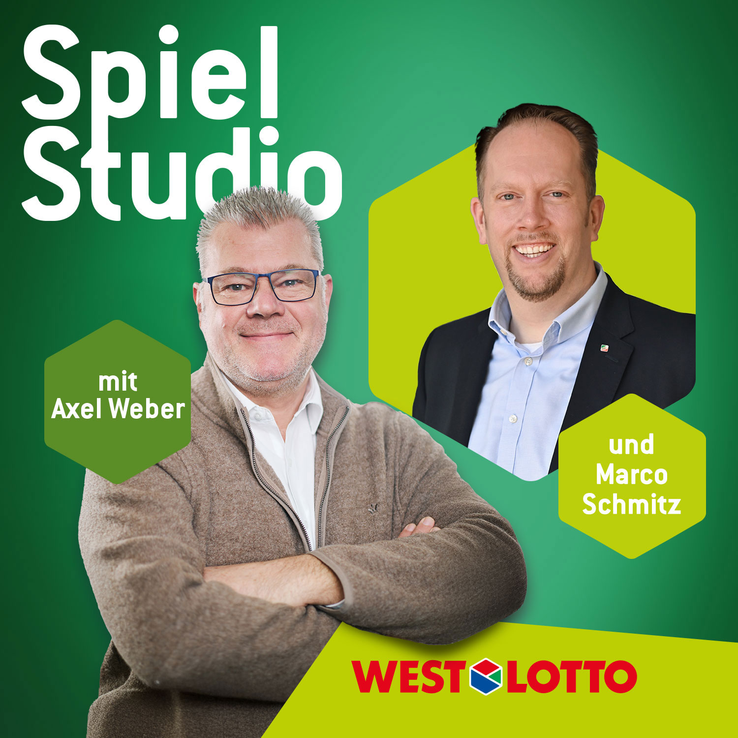 Cover des Podcasts SpielStudio mit Gastgeber Axel Weber und seinem Überraschungsgast Marco Schmitz