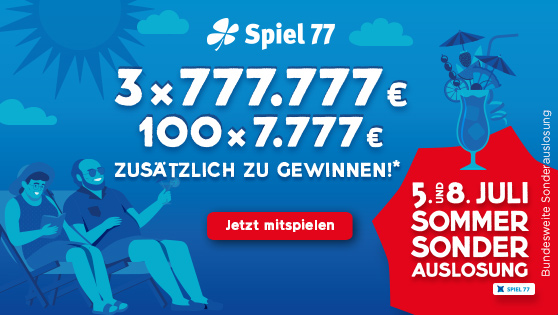 Textliche Abbildung der möglichen Gewinne. 3x 777.777 Euro und 100 x 7.777 Euro bei der Sonderauslosung am 05. und 08. Juli 2023