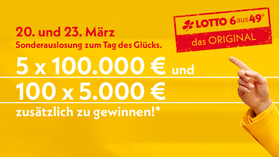 Ein Zeigefinger zeigt auf den Stempel LOTTO 6aus49 - das Original, Sonderauslosung 5 mal hunderttausend euro, 100 mal fünftausend Euro