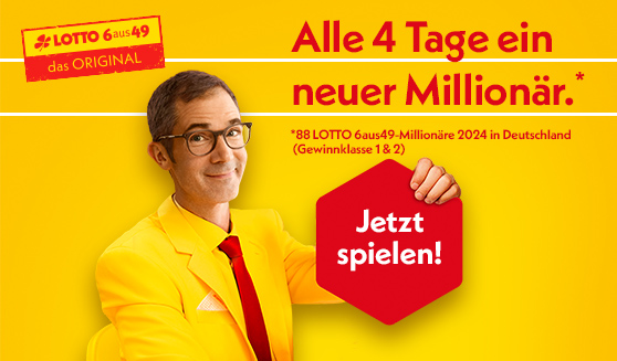 Ernst Glück in gelb, Alle 4 Tage ein neuer Millionär, 88 LOTTO 6aus49 Millionäre 2024 in Deutschland (Gewinnklasse 1 und 2)