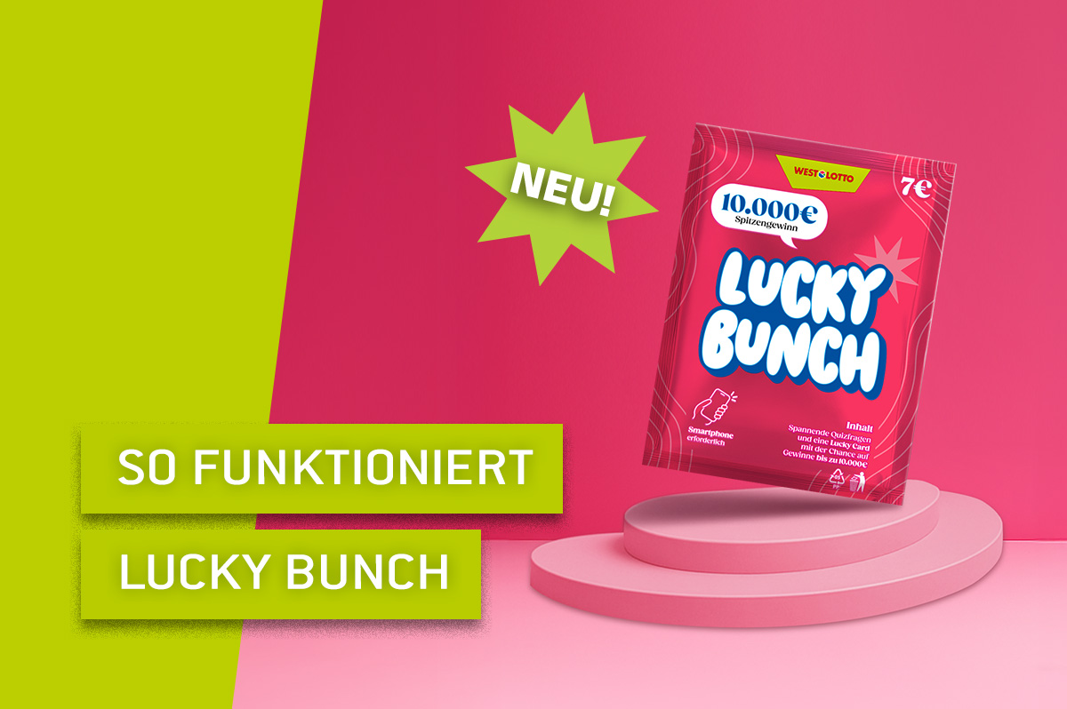 WestLotto-Rubbelquiz Lucky Bunch auf pinkem Podest vor pinkem Hintergrund