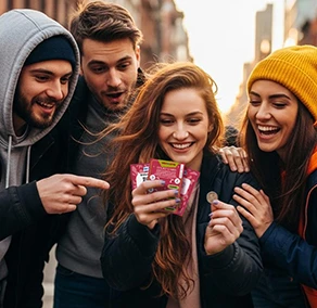 Mehrere junge Menschen halten ein Lucky Bunch in der Hand und lachen Mehrere junge Menschen halten ein Lucky Bunch in der Hand und lachen