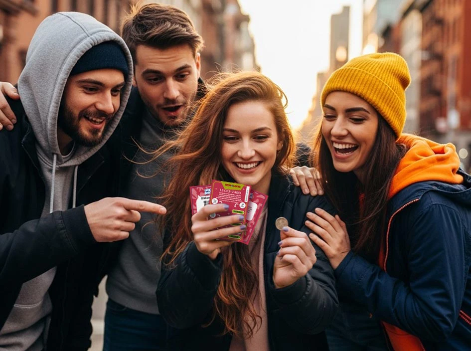 Mehrere junge Menschen halten ein Lucky Bunch in der Hand und lachen Mehrere junge Menschen halten ein Lucky Bunch in der Hand und lachen