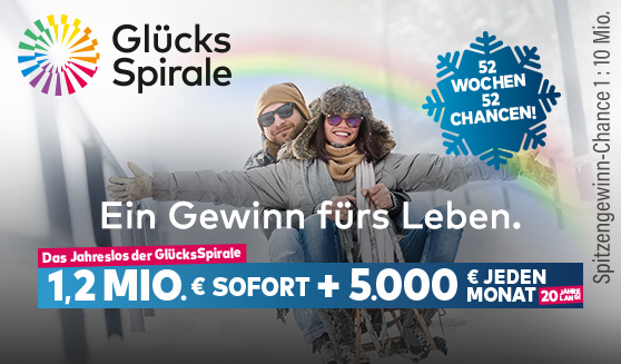 GlücksSpirale Jahreslos. 1,2 Mio. € sofort + 5.000 € jeden Monat. 52 Wochen. 52 Chancen.