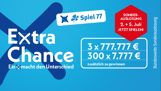 Textliche Abbildung der möglichen Gewinne. 3x 777.777 Euro und 100 x 7.777 Euro bei der Sonderauslosung am 02. und 05. Juli 2025