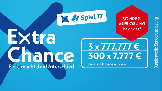Textliche Abbildung der möglichen Gewinne. 3x 777.777 Euro und 100 x 7.777 Euro bei der Sonderauslosung am 02. und 05. Juli 2025, beendet