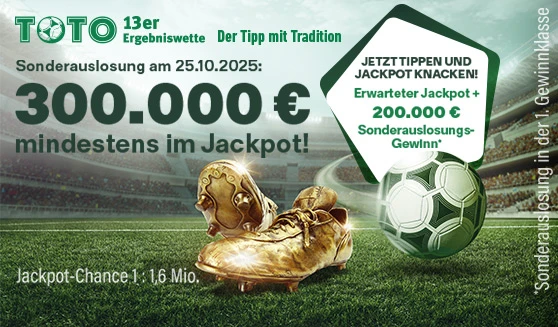 Goldene Fußballschuhe und ein Fußball, dazu Infos zur Sonderauslosung TOTO 13er Ergebniswette.