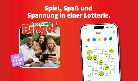 Werbemotiv für „Local Hero Bingo!“: Smartphone mit digitalem Bingo-Los sowie der Hinweis „Neu! 3,50 € je Los“.