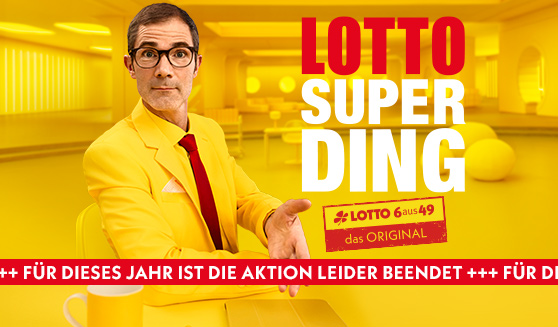 Ernst Glueck zeigt nach vorne. Das Lotto-SuperDing. Verkauf gestartet.
