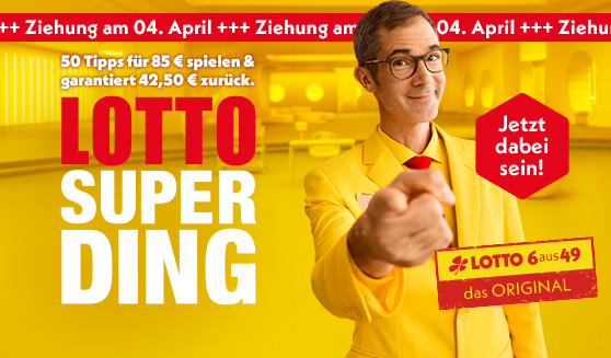 Ernst Glueck zeigt nach vorne. Lotto-SuperDing. Verkauf gestartet.