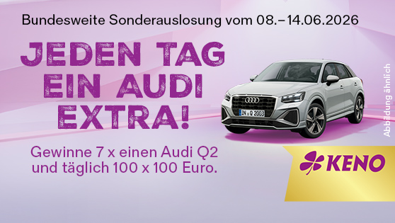 Werbebanner zur KENO-Sonderauslosung: Audi Q2 vor violettem Hintergrund, mit Text „Jeden Tag ein Audi extra!“ sowie Hinweis auf Gewinne (7 Audi Q2 und täglich 100 × 100 Euro).