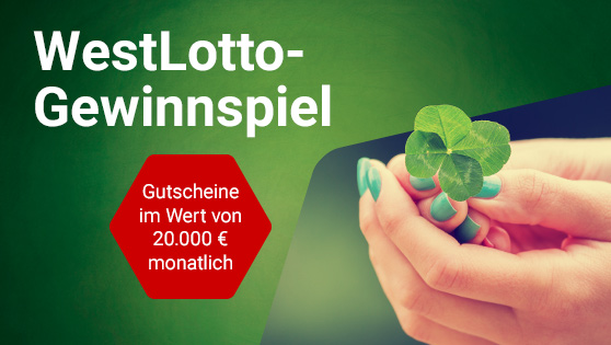 Foto einer Hand, die ein vierblättriges Kleeblatt hält. Text WestLotto-Gewinnspiel