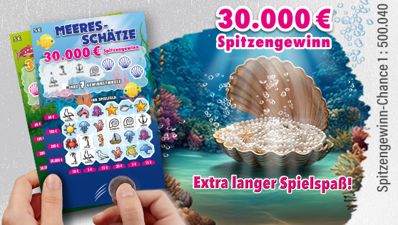 Darstellung einer Muschel unter Wasser, die voller Perlen ist, daneben wird das Rubbellos Meeresschätze aufgerubbelt.