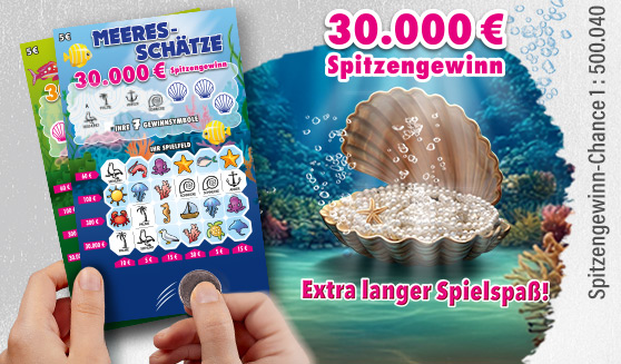 Darstellung einer Muschel unter Wasser, die voller Perlen ist, daneben wird das Rubbellos Meeresschätze aufgerubbelt.