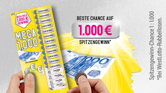 Abbildung des gelben Rubbelloses Mega 1.000, Headline: Beste Chance auf 1.000 € bei den WestLotto-Rubbellosen.