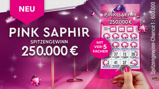 Das pinke Rubbellos Pink Saphir wird aufgerubbelt, im Hintergrund ist ein pinker Teppich ausgerollt. Spitzengewinn 250.000 €.