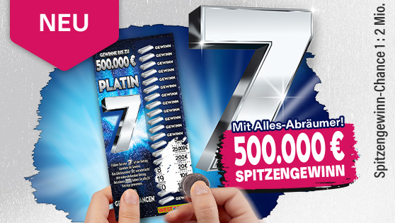 Darstellung des silber-violetten Rubbelloses Platin 7. 1 Million Euro Spitzengewinn.