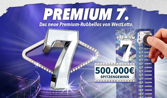 Werbegrafik für das Rubbellos ‚PREMIUM 7‘ von WestLotto mit großer glänzender Zahl 7, violettem Hintergrund, Angabe ‚500.000€ Spitzengewinn‘ und einer Hand, die ein Los freirubbelt.