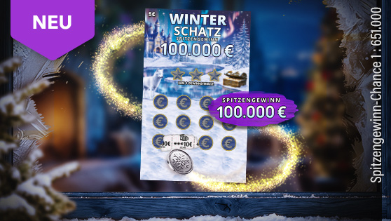 Winterliches Rubbellos „Winter Schatz“ mit Spitzengewinn von 100.000 €, dargestellt vor einem verschneiten Fenster mit goldenem Funkellicht. Chance 1 : 651.000.