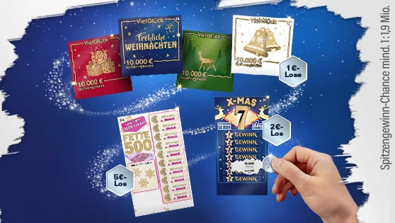 blauer Hintergrund, Uebersicht der Weihnachtslose. 4 mal 1 Euro-Lose in rot, blau, gruen und weiß. Ein 2 Euro-Los XMAS-7 in blau und ein 5 Euro-Los Fette 500 in weiß.