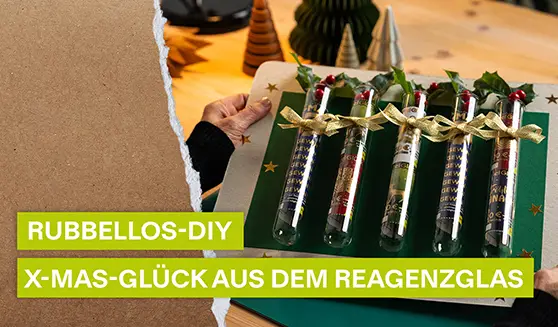Darstellung einer Rubbellos-DIY-Idee. Bastelanleitung für X-MAS-Glück aus dem Reagenzglas.