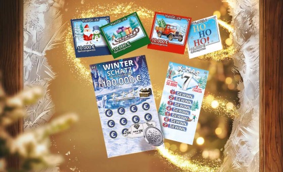 Weihnachtliche Rubbellose mit verschiedenen Winter- und Weihnachtsmotiven vor festlichem Hintergrund.