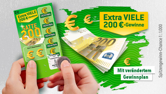 Darstellung des grünen Rubbelloses Satte 200 Text extra viele 200 € Gewinne