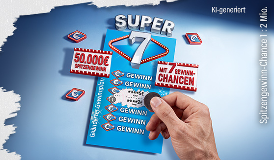 Hand rubbelt ein „Super 7“-Los frei, mehrere Gewinnfelder sichtbar, beworben mit sieben Gewinnchancen und 50.000 € Spitzengewinn.