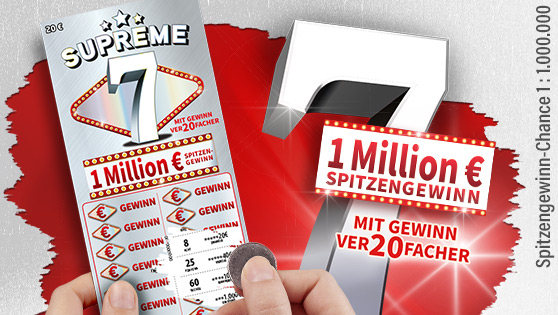 Grauer Hintergrund, rote Flaeche, darauf das neue Rubbellos Supreme 7, Ankuendigung von 1 Mio. Euro Spitzengewinn Grauer Hintergrund, rote Flaeche, darauf das neue Rubbellos Supreme 7, Ankuendigung von 1 Mio. Euro Spitzengewinn