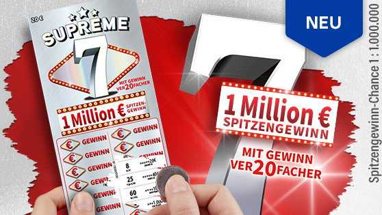 Grauer Hintergrund, rote Flaeche, darauf das neue Rubbellos Supreme 7, Ankuendigung von 1 Mio. Euro Spitzengewinn Grauer Hintergrund, rote Flaeche, darauf das neue Rubbellos Supreme 7, Ankuendigung von 1 Mio. Euro Spitzengewinn
