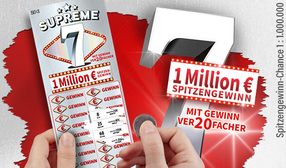 Hand rubbelt das Los Supreme 7 frei, Angabe des Spitzengewinns von 1 Million Euro
