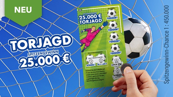 Abbildung des neuen grünen Rubbelloses Torjagd vor einem Fußball, der gerade im Tornetz landet. Spitzengwinn 25.000 €.