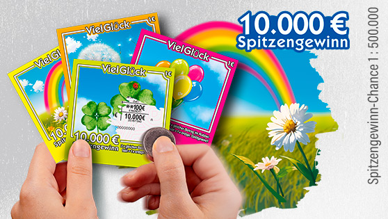 Abbildung der bunten Viel Glück Rubbellose, eine Hand hält ein Geldstück und rubbelt die Rubbelfläche auf. Spitzengewinn 10.000 €