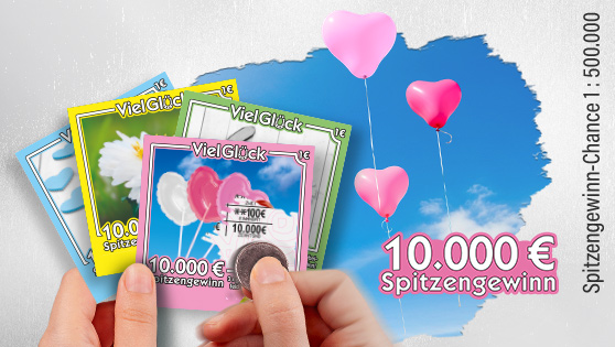 Abbildung der bunten Viel Glück Rubbellose, eine Hand hält ein Geldstück und rubbelt die Rubbelfläche auf. Spitzengewinn 10.000 €