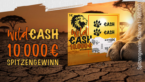 Eine Löwentatze hält zwischen den Zehen das wüstensandbraune Rubbellos Wild Cash mit 10.000 € Spitzengewinn.