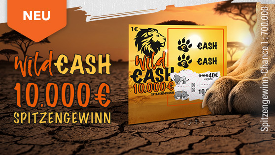 Eine Löwentatze hält zwischen den Zehen das wüstensandbraune Rubbellos Wild Cash mit 10.000 € Spitzengewinn.