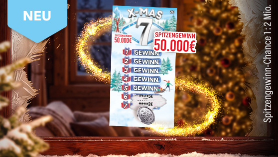 Weihnachtliches Rubbellos „X-MAS 7“ mit 50.000 € Spitzengewinn vor festlichem Hintergrund.