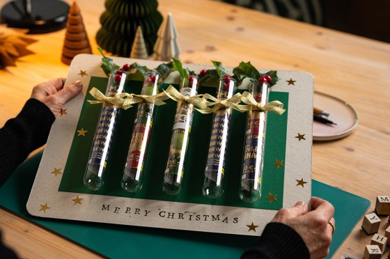 DIY mit in Reagenzgläsern gesteckten Weihnachts-Rubbellosen von WestLotto