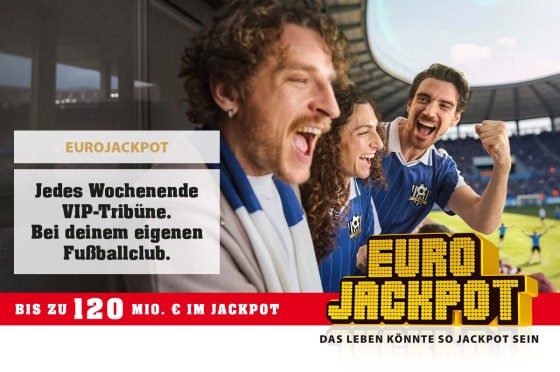 Grafik mit Schrift zeigt Fußballfans, die auf einer Tribüne im Stadion jubeln | Eurojackpot Grafik mit Schrift zeigt Fußballfans, die auf einer Tribüne im Stadion jubeln | Eurojackpot
