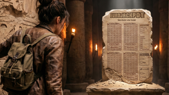 Ein KI-generiertes Bild, auf dem eine Archäologin einen in Stein gemeißelten Eurojackpot-Spielschein entdeckt 