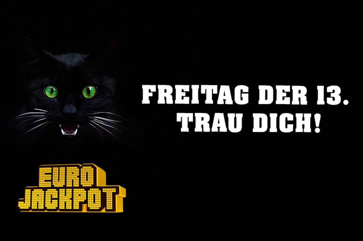 Schwarze Katze über Eurojackpot-Logo, daneben steht "Freitag, der 13. Trau dich!" | WestLotto