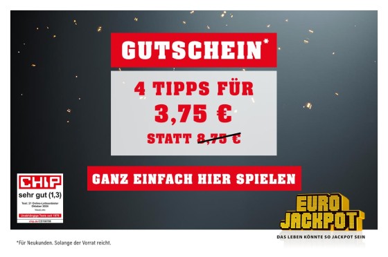 Gutschein Eurojackpot - 4 Tipps für 3,75 Euro statt 8,75 Euro | WestLotto