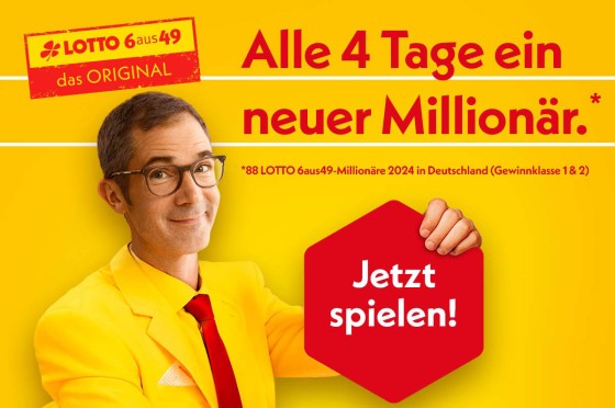 Grafik mit Mann im gelben Anzug und der Überschrift Alle 4 Tage ein neuer Millionär | LOTTO 6aus49 Grafik mit Mann im gelben Anzug und der Überschrift Alle 4 Tage ein neuer Millionär | LOTTO 6aus49