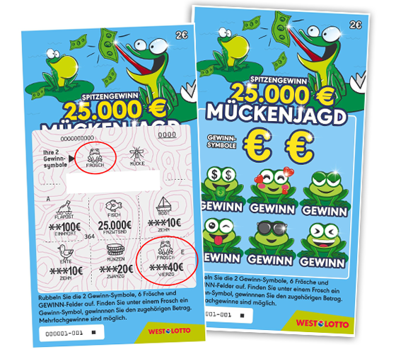 Zwei Rubbellose mit Fröschen und Gewinnsymbolen | WestLotto-Rubbellos Mückenjagd