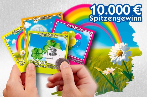 Zwei Hände halten vier Rubbellos-Motive fest | WestLotto-Rubbellos Viel Glück Wunsch