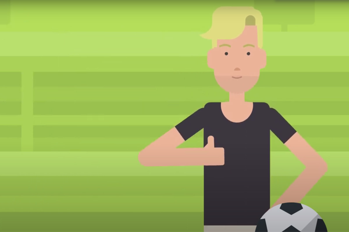 Comic-Figur hält Fußball in der Hand und zeigt Daumen nach oben - WestLotto TOTO 13er Ergebniswette