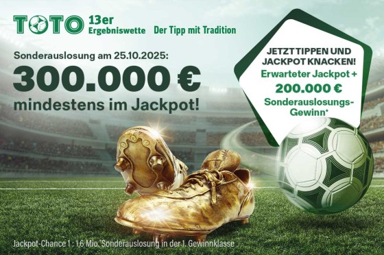 Grafik zur TOTO Sonderauslosung zeigt Jackpotsumme mit goldenen Fußballschuhen und einem Ball - WestLotto