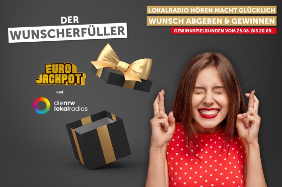Grafik, auf der eine Frau die Finger kreuzt sowie ein geöffnetes Geschenk und diverse Schriftzüge zu sehen sind | Wunscherfüller mit Eurojackpot